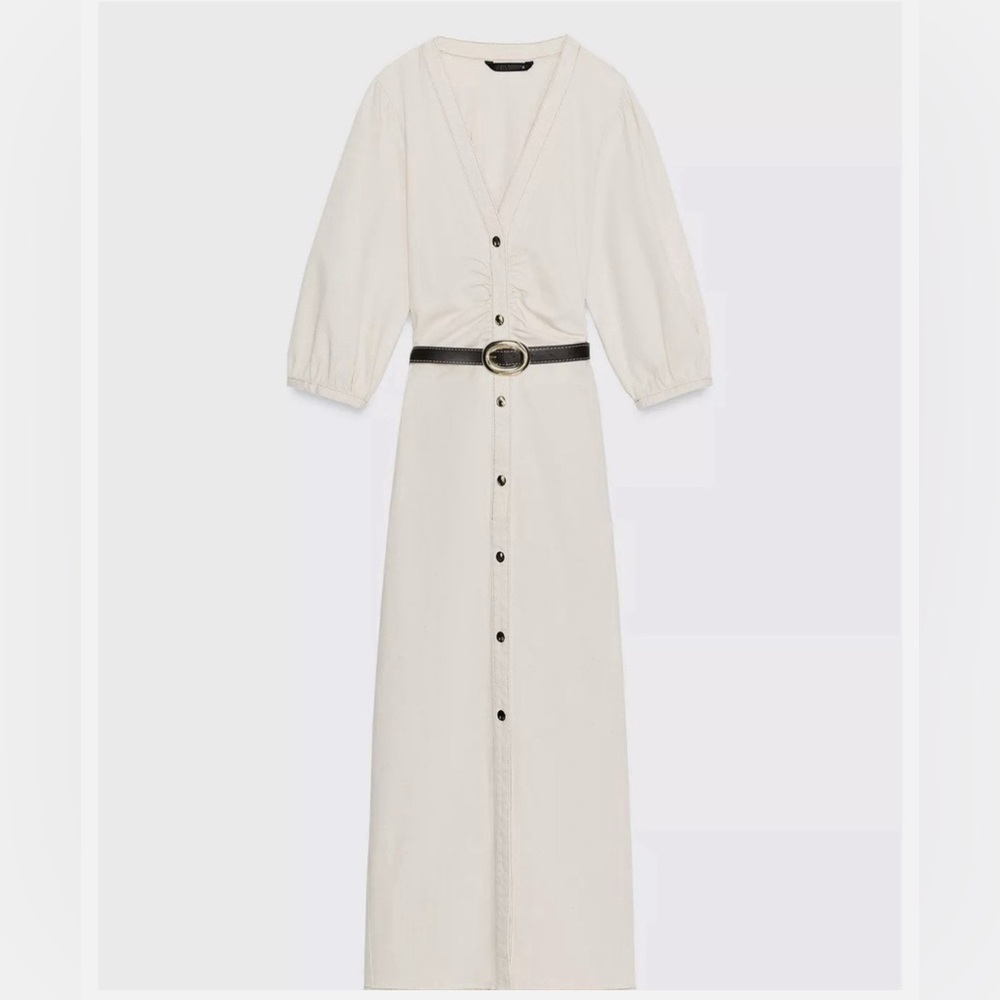 Zara Midi Dress With Puff Sleeves And Belt Size XS